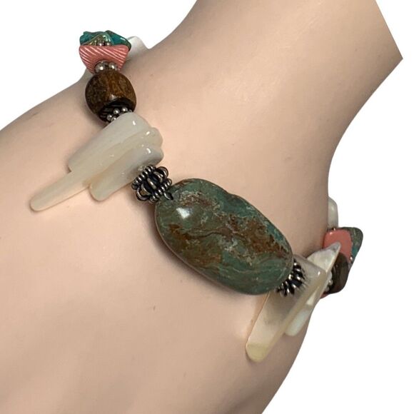 Turquoise 925 Sterling Sliver Bracelet 7" Coral Mother Of Pearl Southwestern - Picture 7 of 14